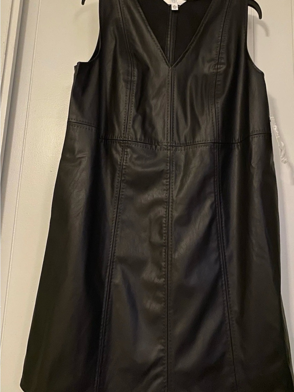 Terra & Sky Black Faux Leather V-Neck A-Line Dress
